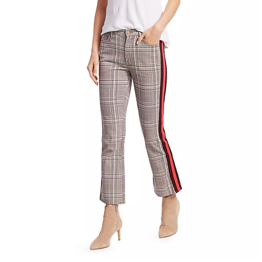 MOTHER The Insider Plaid Flare Cropped Bold Orange Side Stripe Pants - Sz 25